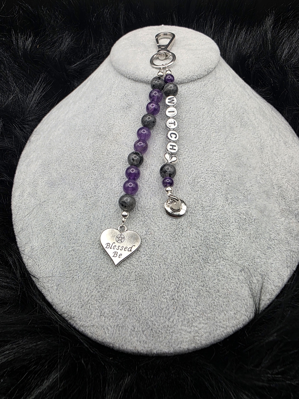 Witchy Purple Beaded Keychain with 'Blessed Be' Heart Charm